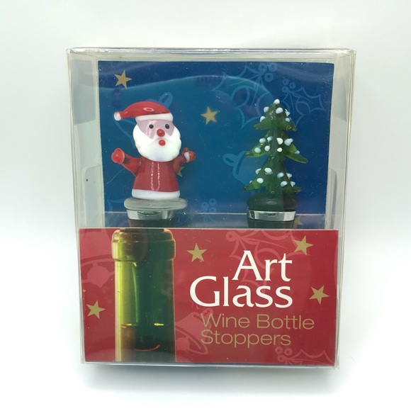 Jolly Wine Bottle Stoppers Christmas Art Glass Santa & Christmas Tree New! - Picture 1 of 5